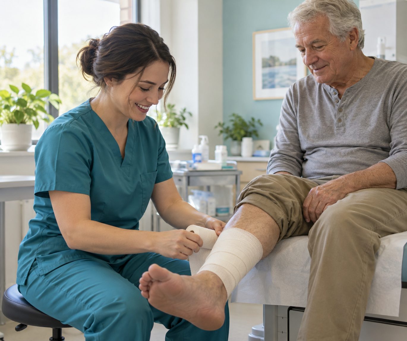 A nurse dressing a patient's leg wound in a bright clinic room